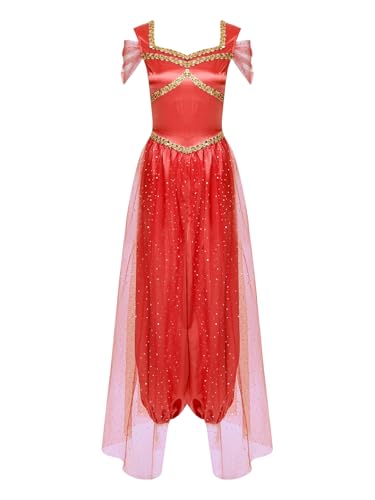 Jowowha Arabische Prinzessin Kostüm Damen Orientalische Prinzessin Kostüm Glänzend Pailletten Body Overall Jumpsuit Bauchtanz Indische Verkleidung Weinrot 3XL von Jowowha