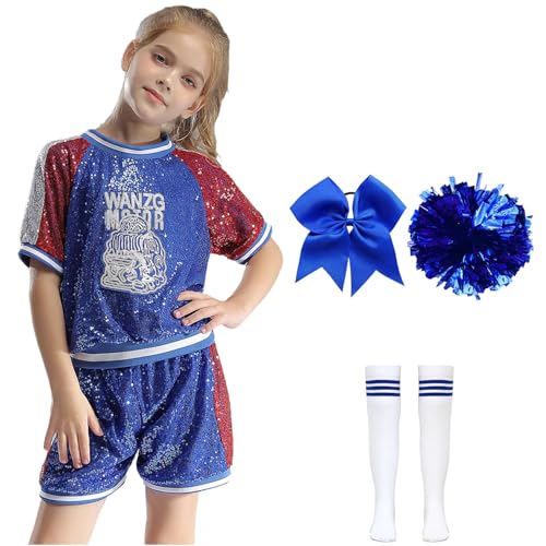 Jowowha Cheer Leader Kostüm Mädchen Cheerleading Uniform 5tlg.Pailletten Kurzarm T-Shirt mit Shorts Pompoms Socken Jazz Hip Hop Tanzkostüm Blau 122-128 von Jowowha