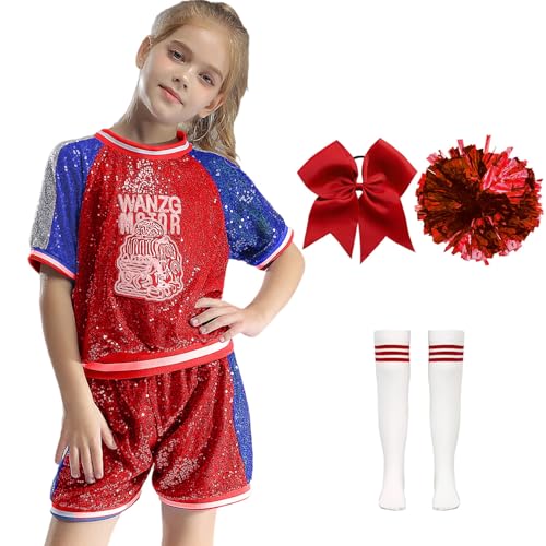 Jowowha Cheer Leader Kostüm Mädchen Cheerleading Uniform 5tlg.Pailletten Kurzarm T-Shirt mit Shorts Pompoms Socken Jazz Hip Hop Tanzkostüm Rot 134-140 von Jowowha