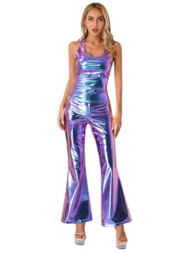 Jowowha Damen 70er Jahre Disco Kostüm Metallic Hose Schlaghose + Glänzend Tank Tops Ärmellos Shirt Rave Mottoparty Clubwear Tanzkostüm Blau L von Jowowha