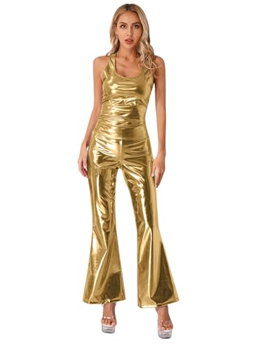 Jowowha Damen 70er Jahre Disco Kostüm Metallic Hose Schlaghose + Glänzend Tank Tops Ärmellos Shirt Rave Mottoparty Clubwear Tanzkostüm Gold M von Jowowha