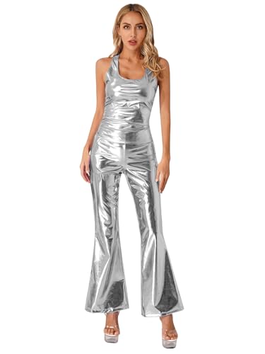 Jowowha Damen 70er Jahre Disco Kostüm Metallic Hose Schlaghose + Glänzend Tank Tops Ärmellos Shirt Rave Mottoparty Clubwear Tanzkostüm Silber S von Jowowha