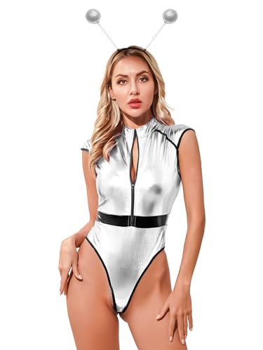 Jowowha Damen Alien Kostüm Glänzende Metallic Body mit Alien Haarreif Weltall Space Girl Kostüm Karneval Fasching Mottoparty Tanzkostüm Silber 4XL von Jowowha