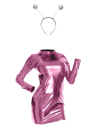 Jowowha Damen Alien Kostüm Langarm Metallic Kleid mit Alien Haarreif Space Girl Weltall Kostüm Karneval Disco Festival Party Clubwear Rosa M von Jowowha