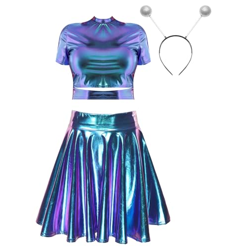 Jowowha Damen Alien Kostüm Metallic Crop Top + Minirock + Alien Stirnband Space Girl Kostüm Halloween Karneval Fasching Mottoparty Outfit Blau S von Jowowha