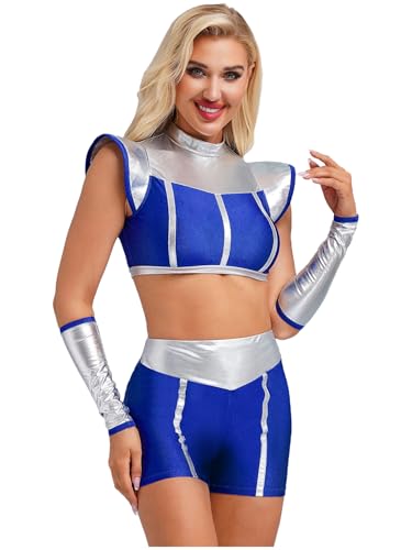 Jowowha Damen Alien Kostüm Weltall Astronaut Kostüm Space Girl Metallic Crop Tops + Shorts + Armstulpen Karneval Fasching Kostüm Cosplay Mottoparty A Royal Blau XXL von Jowowha