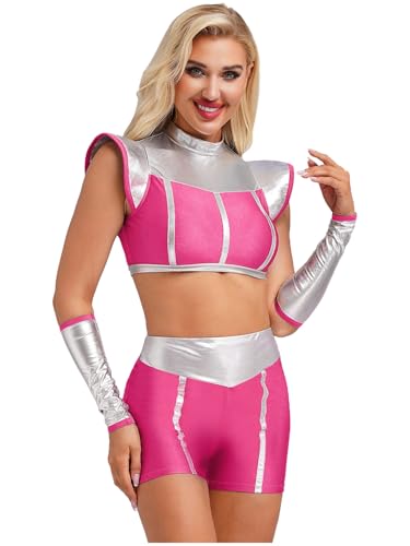 Jowowha Damen Alien Kostüm Weltall Astronaut Kostüm Space Girl Metallic Crop Tops + Shorts + Armstulpen Karneval Fasching Kostüm Cosplay Mottoparty Dunkel Rosa XXL von Jowowha