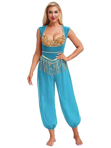 Jowowha Damen Arabische Prinzessin Kostüm Brustfrei Body Overall mit Pailletten Jumpsuit Orientalische Bauchtanz Kostüm Indische Tanzkleidung Blau M von Jowowha