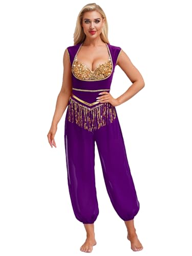 Jowowha Damen Arabische Prinzessin Kostüm Brustfrei Body Overall mit Pailletten Jumpsuit Orientalische Bauchtanz Kostüm Indische Tanzkleidung Lila XL von Jowowha