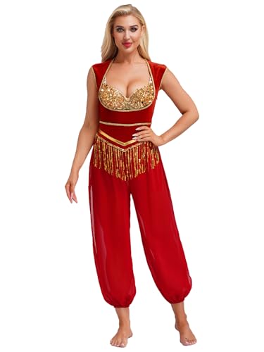 Jowowha Damen Arabische Prinzessin Kostüm Brustfrei Body Overall mit Pailletten Jumpsuit Orientalische Bauchtanz Kostüm Indische Tanzkleidung Rot S von Jowowha