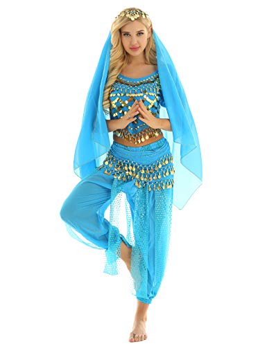 Jowowha Damen Bauchtanz Kostüm Orientalische Indische Bauchtänzerin Tanzkleidung Halloween Karneval Faschingskostüm Party Verkleidung Lake Blau Einheitsgröße von Jowowha