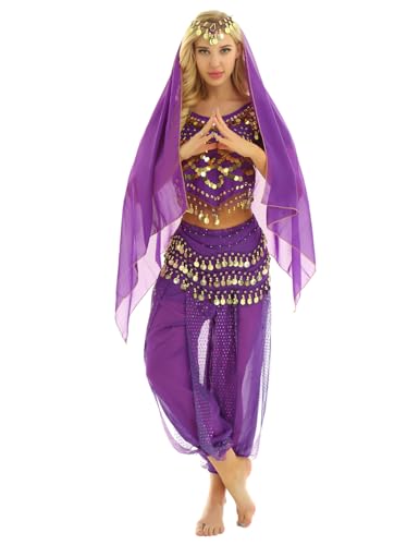 Jowowha Damen Bauchtanz Kostüm Orientalische Indische Bauchtänzerin Tanzkleidung Halloween Karneval Faschingskostüm Party Verkleidung Lila Einheitsgröße von Jowowha