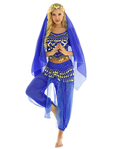 Jowowha Damen Bauchtanz Kostüm Orientalische Indische Bauchtänzerin Tanzkleidung Halloween Karneval Faschingskostüm Party Verkleidung Royal Blau Einheitsgröße von Jowowha