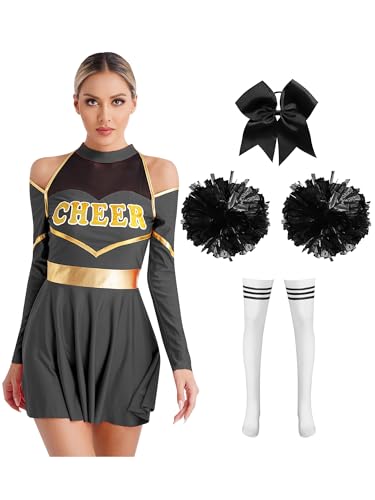 Jowowha Damen Cheer Leader Kostüm Cheerleading Kleid mit Pompoms Haarband Socken Halloween Kostüm Karneval Fasching Partykleid Schwarz Weiß L von Jowowha