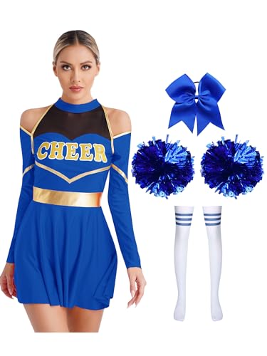 Jowowha Damen Cheer Leader Kostüm Cheerleading Kleid mit Pompoms Haarband Socken Halloween Kostüm Karneval Fasching Partykleid Royal Blau XXL von Jowowha