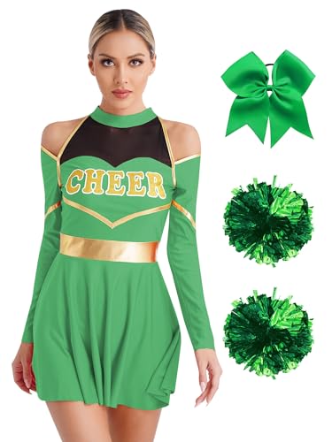 Jowowha Damen Cheer Leader Kostüm Cheerleading Kleid mit Pompoms Haarband Tanzkleid Halloween Karneval Fasching Partykleid Grün S von Jowowha