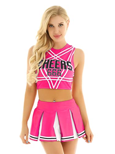 Jowowha Cheer Leader Kostüm Damen Cheerleading Kostüm Crop Top mit Minirock Halloween Fasching Karneval Show Tanzkostüm Dunkel Rosa L von Jowowha