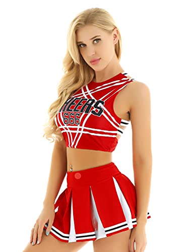 Jowowha Cheer Leader Kostüm Damen Cheerleading Kostüm Crop Top mit Minirock Halloween Fasching Karneval Show Tanzkostüm Rot M von Jowowha