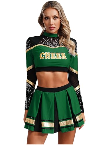 Jowowha Damen Cheer Leader Kostüm Langarm Crop Top Bauchfrei Oberteile + Minirock Faltenrock Cheerleading Uniform Karneval Fasching Kostüm Grün L von Jowowha