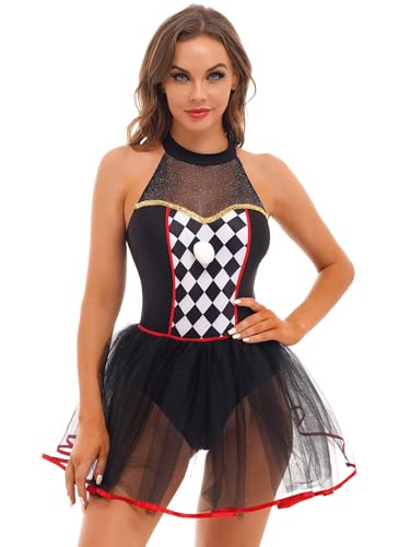 Jowowha Damen Clown Outfits Zirkus Kostüm Metallic Body Overall mit Halsband Halloween Kostüm Cosplay Fasching Karneval Party Outfits A Schwarz 3XL von Jowowha