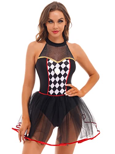 Jowowha Damen Clown Outfits Zirkus Kostüm Metallic Body Overall mit Halsband Halloween Kostüm Cosplay Fasching Karneval Party Outfits A Schwarz M von Jowowha
