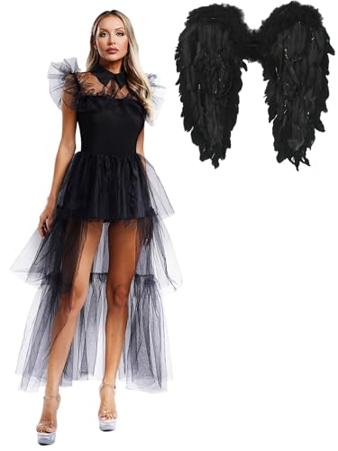 Jowowha Damen Engel Kleid Engelskostüm mit Schwarz Engelsflügel Gefallenen Engel Kleid Teufel Kostüm Halloween Karneval Fasching Festlich Partykleid Schwarz L von Jowowha