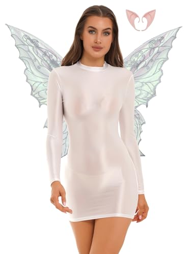 Jowowha Damen Feen Kleid Feenkostüm Glossy Minikleid Bodycon Kleid mit Schmetterlings Feenflügel Elfenohren Karneval Fasching Kostüm Weiß L von Jowowha