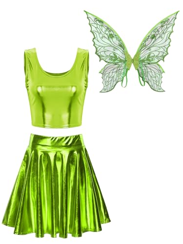 Jowowha Damen Feen Kostüm Schmetterling Kostüm mit Feenflügel Metallic Crop Tops Oberteile + Minirock Faltenrock Rave Party Karneval Fasching Kostüm Leuchtendes Grün L von Jowowha