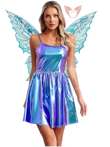 Jowowha Damen Feenkostüm Metallic Fee Kleid Elfen Kostüm mit Schmetterlingsflügel Elfenohren Holographic Skaterkleid Partykleid Karneval Fasching Kostüm Blau XXL von Jowowha