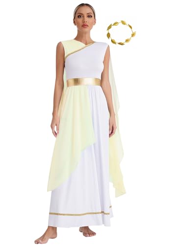 Jowowha Damen Griechische Göttin Kostüm mit Gold Blatt Kopfschmuck Römische Toga Göttin Kleid Antike Kostüm Halloween Karneval Partykleid Champagne 3XL von Jowowha