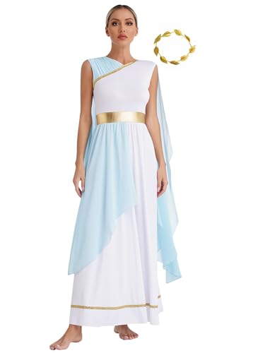 Jowowha Damen Griechische Göttin Kostüm mit Gold Blatt Kopfschmuck Römische Toga Göttin Kleid Antike Kostüm Halloween Karneval Partykleid Hellblau L von Jowowha