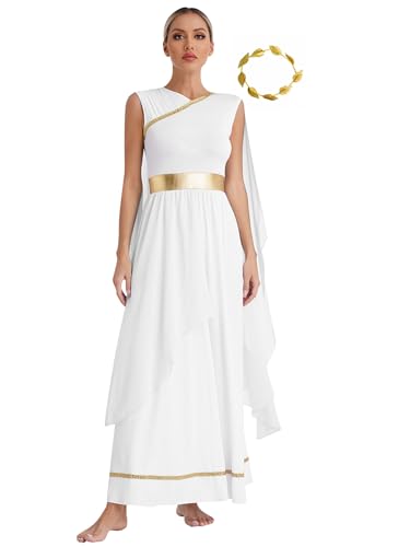 Jowowha Damen Griechische Göttin Kostüm mit Gold Blatt Kopfschmuck Römische Toga Göttin Kleid Antike Kostüm Halloween Karneval Partykleid Weiß 3XL von Jowowha