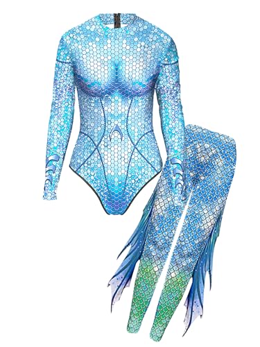 Jowowha Damen Meerjungfrau Kostüm Fischschuppn Druck Langarm Body Overall mit Meerjungfrau Hose Faschingskostüm Karneval Kostüm Blau XL von Jowowha