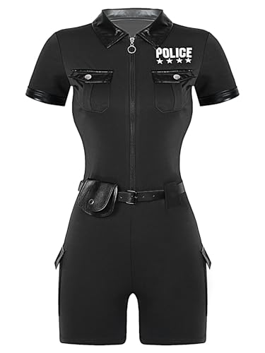 Jowowha Damen Polizistin Kostüm Polizei Uniform Kurzarm Body Overall mit Gürtel Zubehör Cosplay Halloween Karneval Faschingskostüm Schwarz L von Jowowha