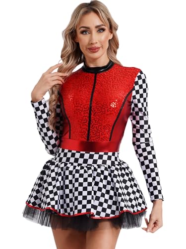 Jowowha Damen Rennfahrer Kostüm Langarm Rennwagen Kleid Pailletten Body Overall Minikleid mit Tutu Rock Halloween Karneval Fasching Kostüm Rot 3XL von Jowowha