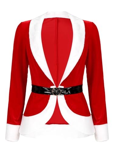 Jowowha Damen Weihnachten Kostüm Samt Jacke Mantel Blazer mit Gürtel Miss Santa Claus Kostüm Weihnachtsfrau Cosplay Karneval Party A Rot XL von Jowowha