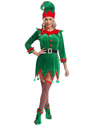 Jowowha Damen Weihnachtself Kostüm Weihnachtself Kleid Langarm Weihnachtskleid Elfen Kostüm mit Elfenhut Elfenohren 6tlg. Set Weihnachten Partykleid Grün L von Jowowha