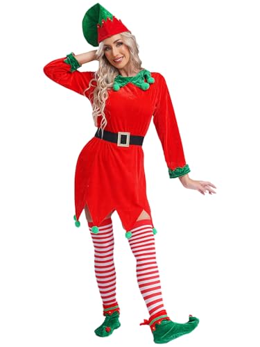 Jowowha Damen Weihnachtself Kostüm Weihnachtself Kleid Langarm Weihnachtskleid Elfen Kostüm mit Elfenhut Elfenohren 6tlg. Set Weihnachten Partykleid Rot M von Jowowha