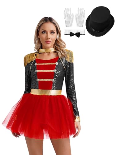 Jowowha Damen Zirkus Kostüm Zirkusdirektor Uniform Pailletten Kleid mit Zubehör Show Tanzkostüm Halloween Weihnachten Karneval Fasching Mottoparty Schwarz M von Jowowha