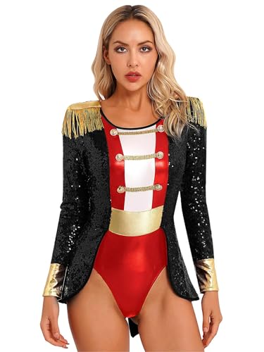 Jowowha Damen Zirkus Kostüm Zirkusdirektor Langarm Body Overall mit Quasten Halloween Weihnachten Kostüm Karneval Party Outfits A Schwarz ohne Fliege A 3XL von Jowowha