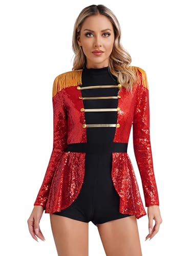 Jowowha Damen Zirkus Kostüm Zirkusdirektor Uniform Langarm Body Overall Kurz Jumpsuit Halloween Karneval Fasching Show Tanzkostüm Party Outfits A Rot B L von Jowowha