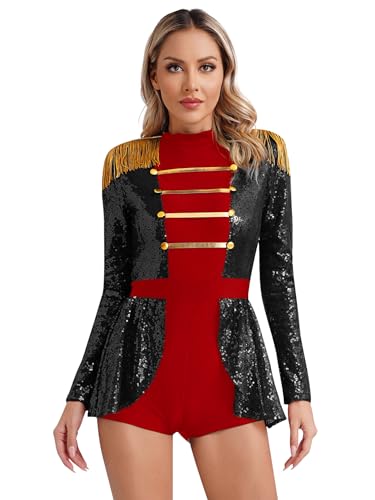 Jowowha Damen Zirkus Kostüm Zirkusdirektor Uniform Langarm Body Overall Kurz Jumpsuit Halloween Karneval Fasching Show Tanzkostüm Party Outfits A Schwarz B XL von Jowowha