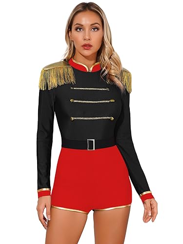 Jowowha Damen Zirkus Kostüm Zirkusdirektor Uniform Langarm Body Overall Kurz Jumpsuit Halloween Karneval Fasching Show Tanzkostüm Party Outfits C Schwarz A S von Jowowha