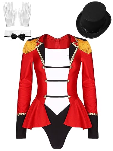 Jowowha Damen Zirkus Kostüm Zirkusdirektor Uniform Langarm Body Overall mit Mütze Handschuhe Fliege Cosplay Karneval Show Tanzkostüm Rot M von Jowowha