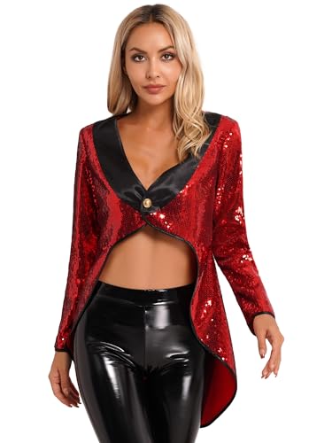 Jowowha Damen Zirkus Kostüm Zirkusdirektor Uniform Pailletten Frack Jacke Mantel Ringmaster Halloween Weihnachten Karneval Show Kostüm A Rot M von Jowowha