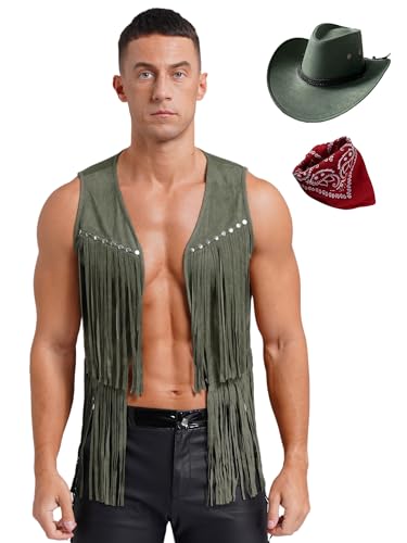 Jowowha Herren Cowboy Kostüm Wildleder Western Weste mit Fransen Nieten + Cowboy Hut + Bandanna Boho Hippie Kostüm Festival Party Outfits Armeegrün L von Jowowha