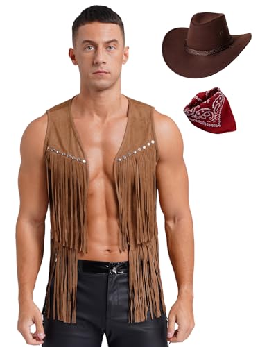 Jowowha Herren Cowboy Kostüm Wildleder Western Weste mit Fransen Nieten + Cowboy Hut + Bandanna Boho Hippie Kostüm Festival Party Outfits Braun L von Jowowha