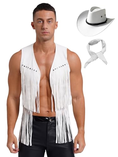 Jowowha Herren Cowboy Kostüm Wildleder Western Weste mit Fransen Nieten + Cowboy Hut + Bandanna Boho Hippie Kostüm Festival Party Outfits Weiß L von Jowowha