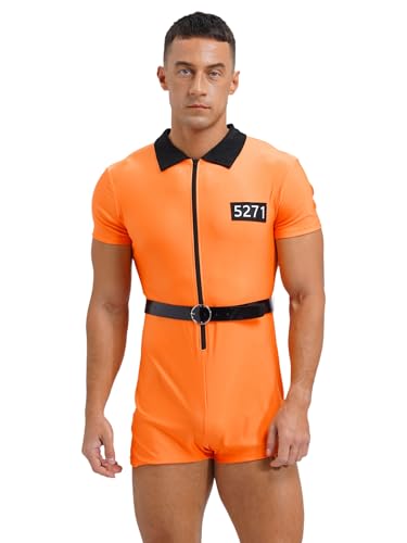 Jowowha Herren Gefangener Kostüm Gefängnis Häftling Overall Jumpsuit Kurz Bodysuit Orange Sträfling Kostüm Prisoner Outfits Halloween Karneval Fasching Orange L von Jowowha