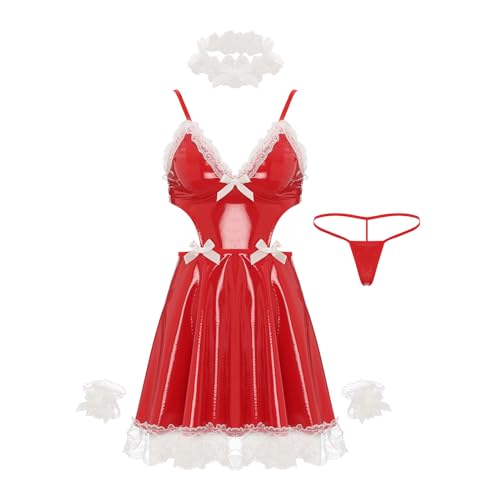 Jowowha Herren Sissy Crossdresser Kleid Wetlook Dienstmädchen Kostüm Lackleder Maid Kleid Zimmermädchen Kostüm Nachtwäsche Rot XL von Jowowha